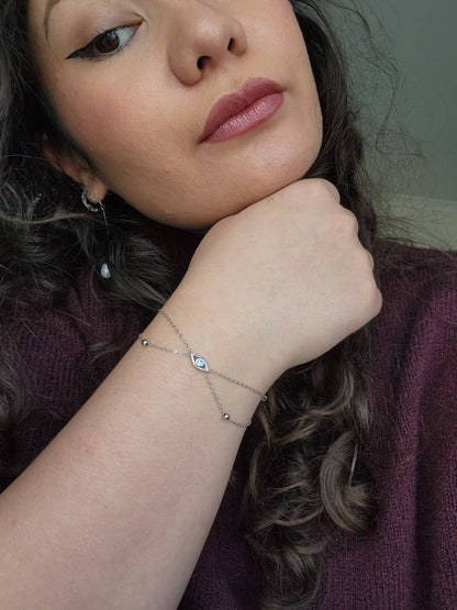 Evil Eye Double Chain Bracelet - Silver